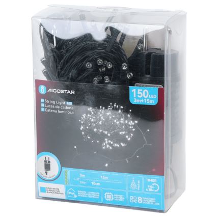 Aigostar - LED utomhus julslinga 150 LED/8 funktioner 18 m IP44 kallvit