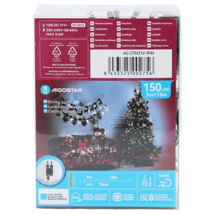 Aigostar - LED utomhus julslinga 150 LED/8 funktioner 18 m IP44 kallvit