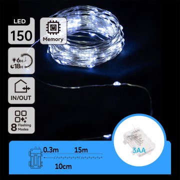 Aigostar - LED utomhus julslinga 150xLED/8 funktioner/3xAA 15,3 m IP44 kallvit