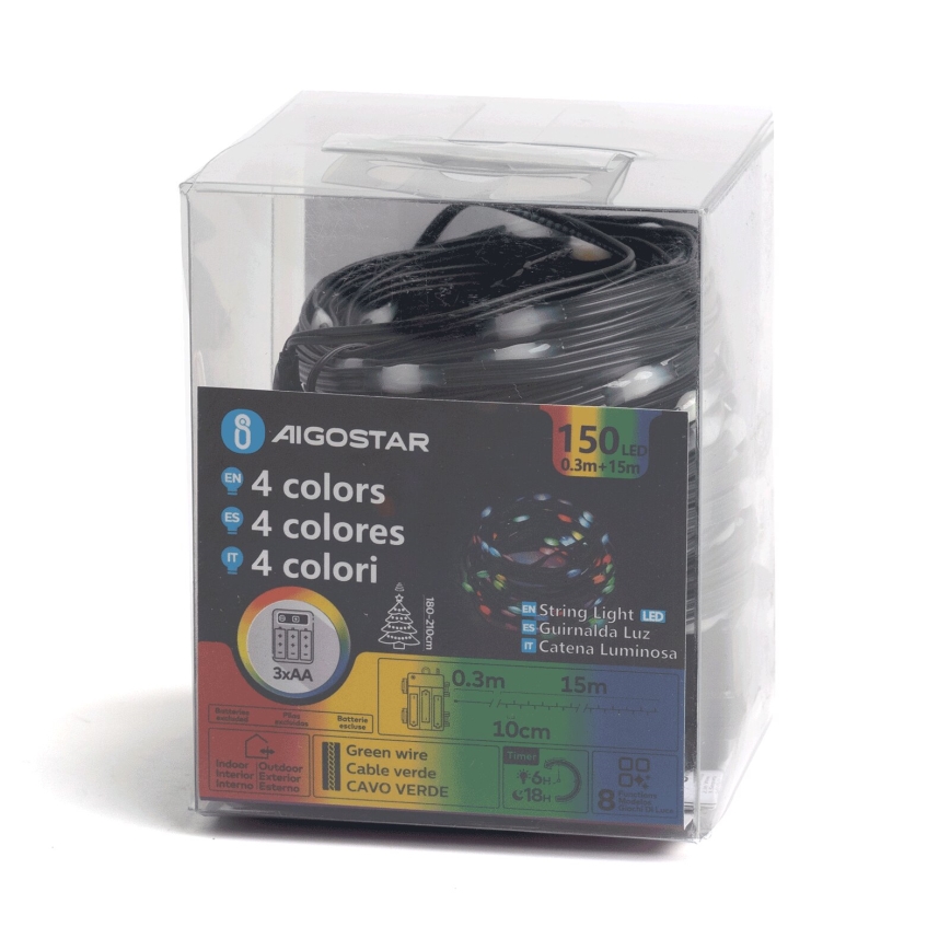 Aigostar -LED Utomhus julslinga 150xLED/8 funktioner 3xAA 15,3m IP44 flerfärgad