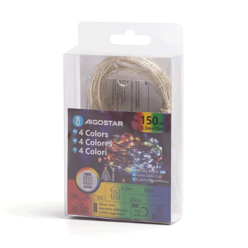 Aigostar - LED-utomhusljusslinga för jul 150xLED/8 funktioner/3xAA 15,3 m IP44 flerfärgad