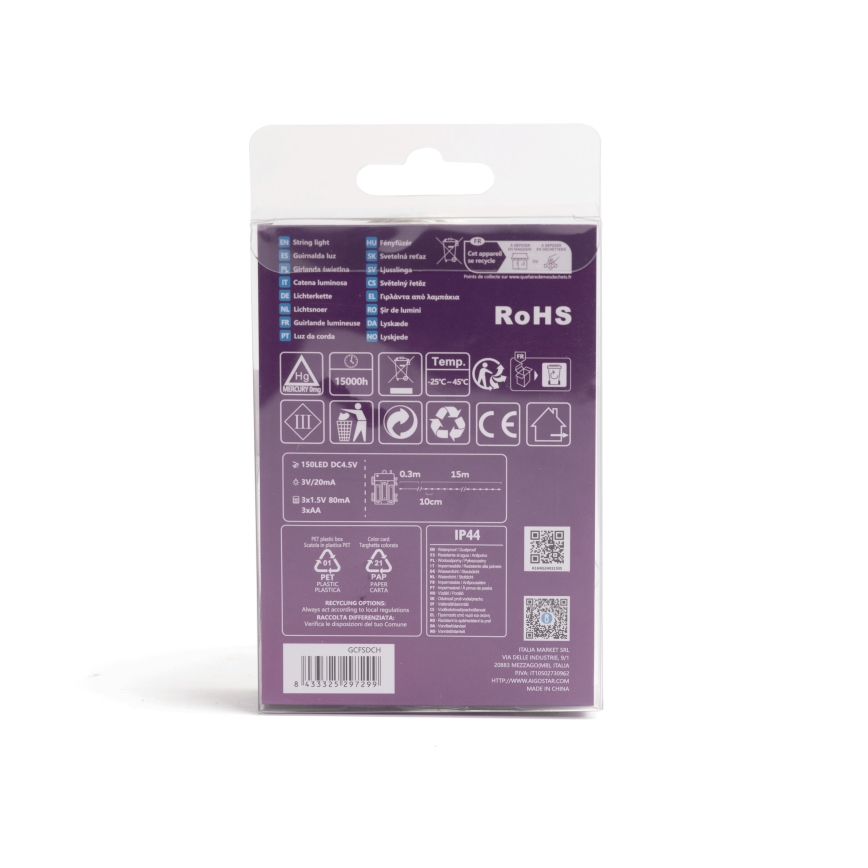 Aigostar - LED-utomhusljusslinga för jul 150xLED/8 funktioner/3xAA 15,3 m IP44 flerfärgad