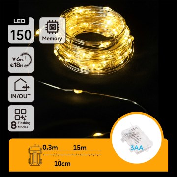 Aigostar -LED Utomhus julslinga 150xLED/8 funktioner 3xAA 15,3m IP44 varmvit