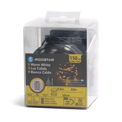 Aigostar -LED Utomhus julslinga 150xLED/8 funktioner 3xAA 15,3m IP44 varmvit