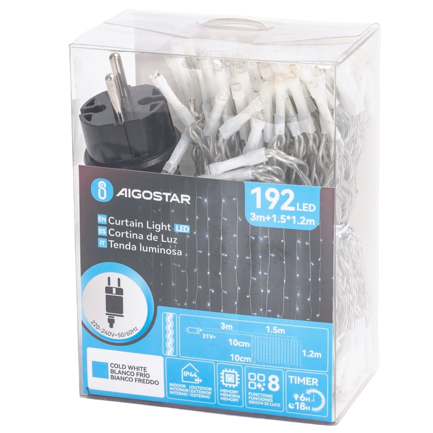 Aigostar - LED utomhus julslinga 192xLED/8 funktioner 4,5x1,2m IP44 kallvit