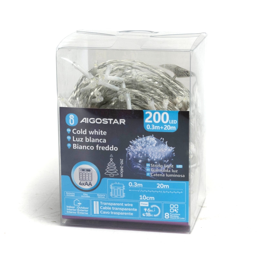 Aigostar - LED utomhusjulslinga 200 LED/8 funktioner 4xAA 20 m IP44 kallvit