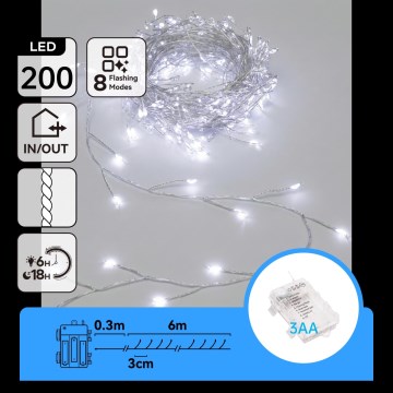 Aigostar - LED utomhus julslinga 200xLED/8 funktioner 3xAA 6,3m IP44 kallvit