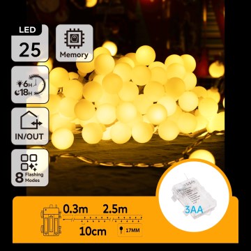 Aigostar-LED Utomhus julslinga 25xLED/3xAA/8 funktioner 2,8 m IP44 varmvit
