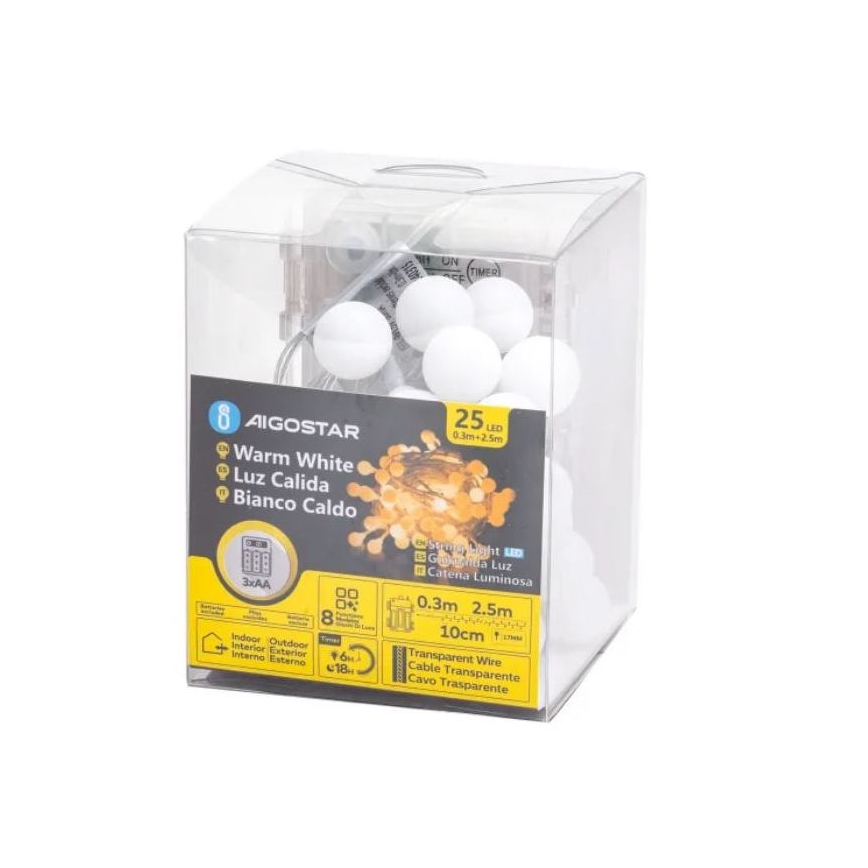 Aigostar-LED Utomhus julslinga 25xLED/3xAA/8 funktioner 2,8 m IP44 varmvit