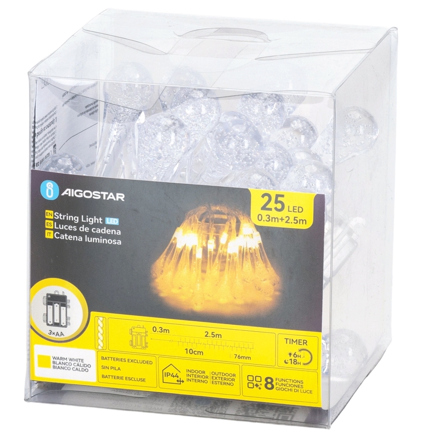 Aigostar - LED utomhus julslinga 25xLED/8 funktioner 3xAA 2,5 m IP44 varmvit droppar
