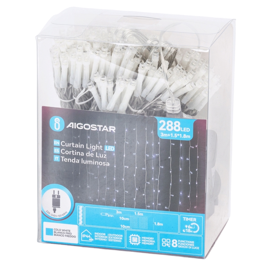 Aigostar - LED ljusslinga för utomhusbruk, jul 288 LED/8 funktioner, 1,5×1,8 m, IP44, kallvit