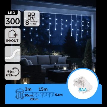 Aigostar - LED utomhus julslinga 300 LED/8 funktioner 3xAA 18x0,6 m IP44 kallvit