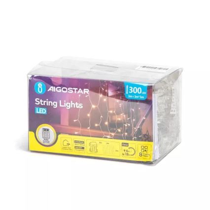 Aigostar - LED utomhus julslinga 300 LED/8 funktioner 3xAA 6x3m IP44 varmvit