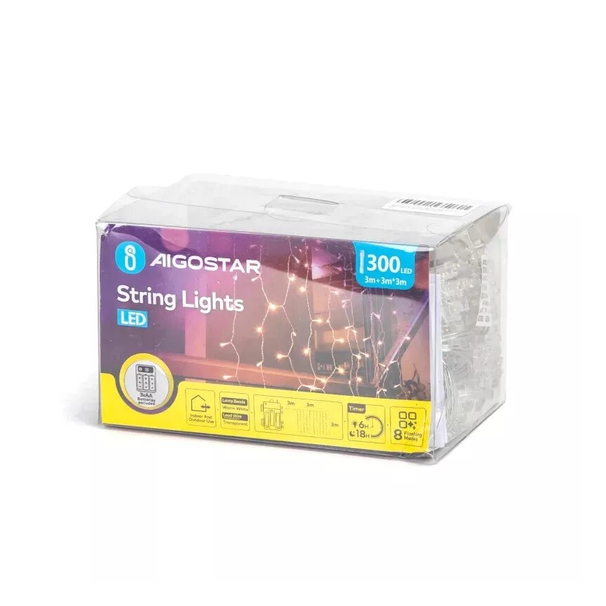 Aigostar - LED utomhus julslinga 300 LED/8 funktioner 3xAA 6x3m IP44 varmvit