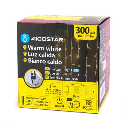 Aigostar - LED-slinga för utomhusbruk 300 LED/8 funktioner 3x1 m IP44 varmvit + fjärrkontroll