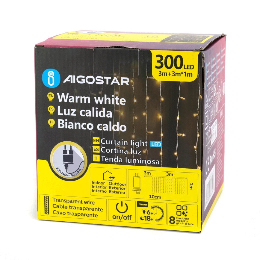 Aigostar - LED-slinga för utomhusbruk 300 LED/8 funktioner 3x1 m IP44 varmvit + fjärrkontroll