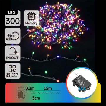 Aigostar - LED utomhus julslinga 300xLED/8 funktioner 3xAA 15,3m IP44 flerfärgad
