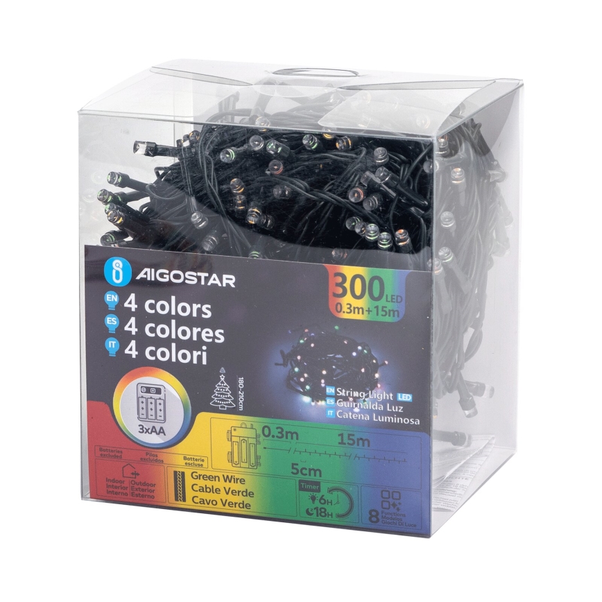 Aigostar - LED utomhus julslinga 300xLED/8 funktioner 3xAA 15,3m IP44 flerfärgad