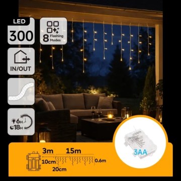 Aigostar - LED utomhus julslinga 300xLED/8 funktioner 3xAA 18x0,6 m IP44 varmvitt