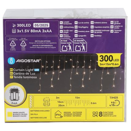 Aigostar - LED utomhus julslinga 300xLED/8 funktioner 3xAA 18x0,6 m IP44 varmvitt