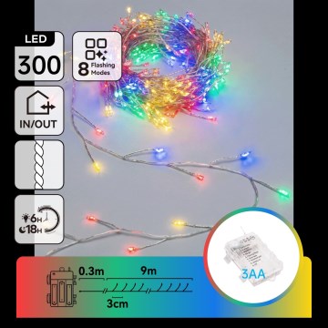 Aigostar - LED utomhus julslinga 300xLED/8 funktioner 3xAA 9,3m IP44 flerfärgad