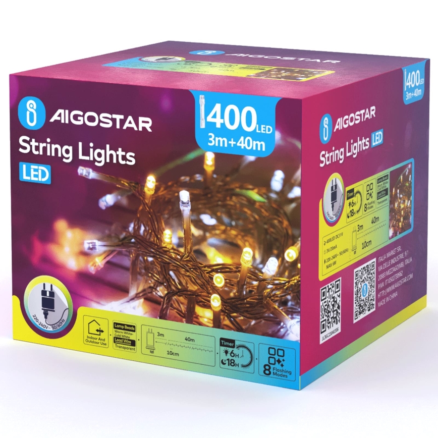 Aigostar - LED utomhus julslinga 400 LED/8 funktioner 43 m IP44 varmvit/kallvit