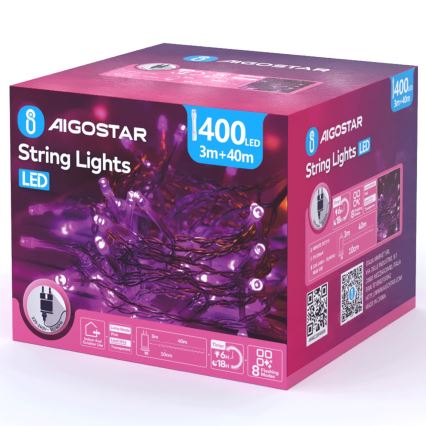Aigostar - LED utomhus julslinga 400xLED/8 funktioner 43m IP44 rosa