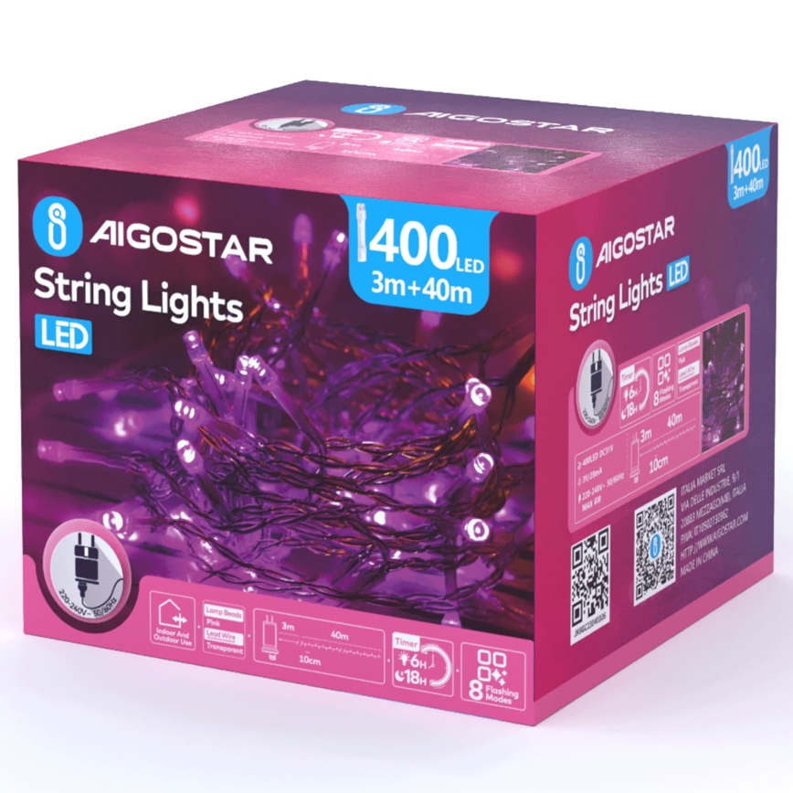 Aigostar - LED utomhus julslinga 400xLED/8 funktioner 43m IP44 rosa