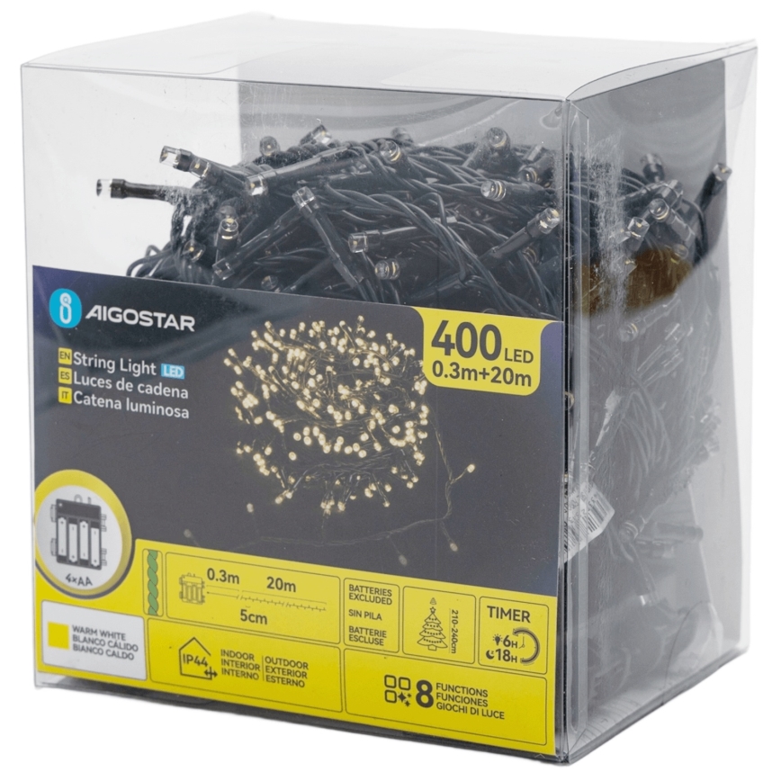 Aigostar - LED utomhus julslinga 400 LED/8 funktioner 4xAA 20,3 m IP44 varmvit