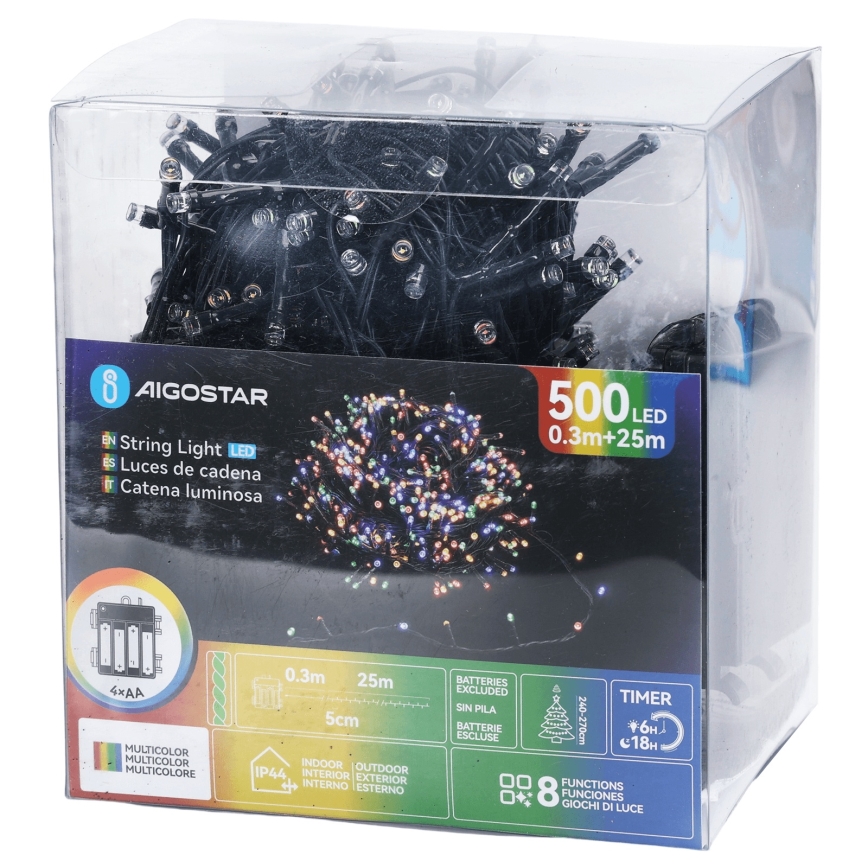 Aigostar - LED-julslinga för utomhusbruk, 500 LED / 8 funktioner, 4×AA, 25,3 m, IP44, flerfärgad