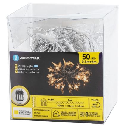 Aigostar - LED utomhus julslinga 50xLED/8 funktioner 3xAA 5m IP44 varmvit stjärnor