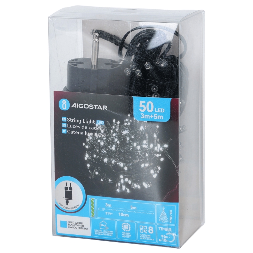 Aigostar - LED utomhus julslinga 50xLED/8 funktioner 8m IP44 kallvit