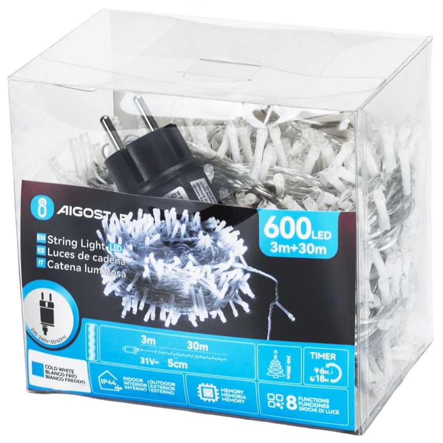 Aigostar - LED utomhus julslinga 600xLED/8 funktioner 33m IP44 kallvit