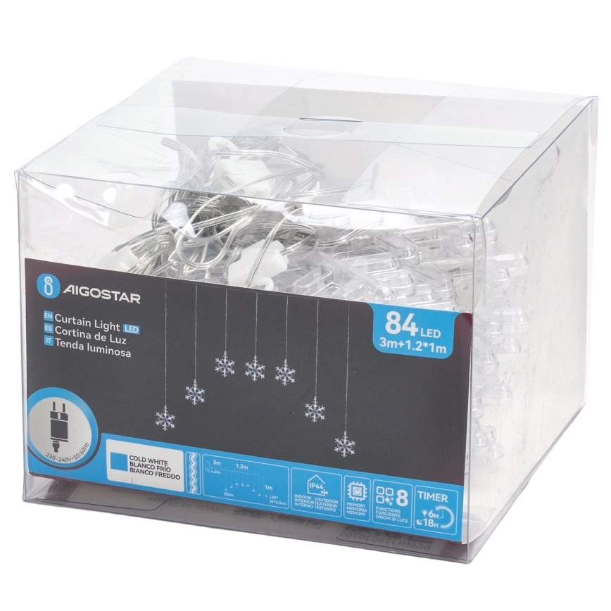 Aigostar - LED-ljusslinga för utomhusbruk, 84 LED, 8 funktioner, 1,2 x 1 m, IP44, kallvit, snöflingor