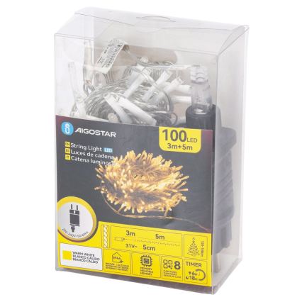 Aigostar - LED utomhus ljusslinga 100xLED/8 funktioner 5,3m IP44 varmvit