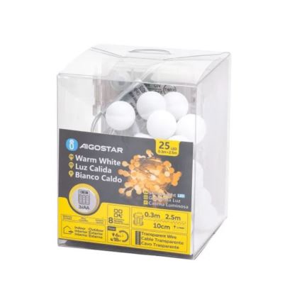 Aigostar-LED Utomhus  ljusslinga 25xLED/3xAA/8 funktioner 2,8 m IP44 varmvit