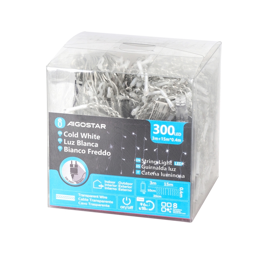 Aigostar - LED utomhusslinga för jul 300xLED/8 funktioner 15x0,4 m IP44 kallvit