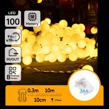 Aigostar - LED utomhus ljusslinga för jul 100xLED/3xAA/8 funktioner 10,3 m IP44 varmvit