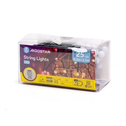Aigostar - LED utomhus ljusslinga för jul, 25 LED, 8 ljuslägen, 3xAA, 2,8 m, IP44, varmvit