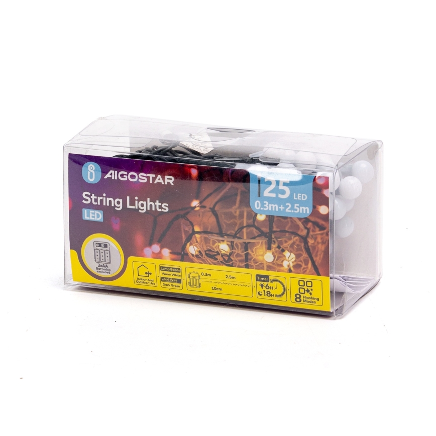 Aigostar - LED utomhus ljusslinga för jul, 25 LED, 8 ljuslägen, 3xAA, 2,8 m, IP44, varmvit