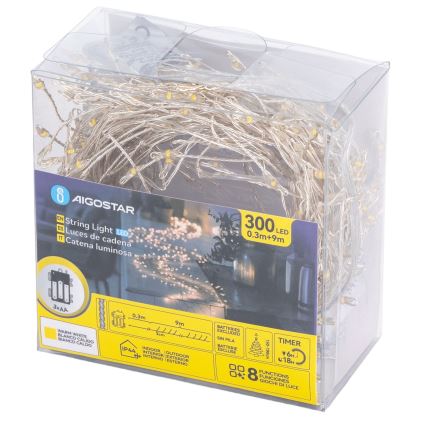Aigostar - LED utomhus ljusslinga för jul 300xLED/8 funktioner 3xAA 9,3m IP44 varmvit