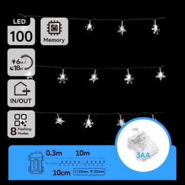 Aigostar - LED utomhus ljusslinga för julen 100xLED/8 funktioner 3xAA 10 m IP44 kallvit