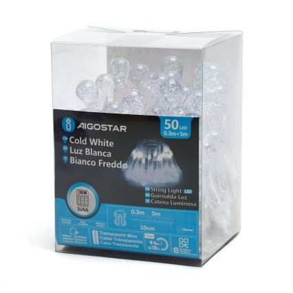 Aigostar - LED Utomhus dekorationskedja 50xLED/8 funktioner/3xAA 5,3m IP44 kallvit