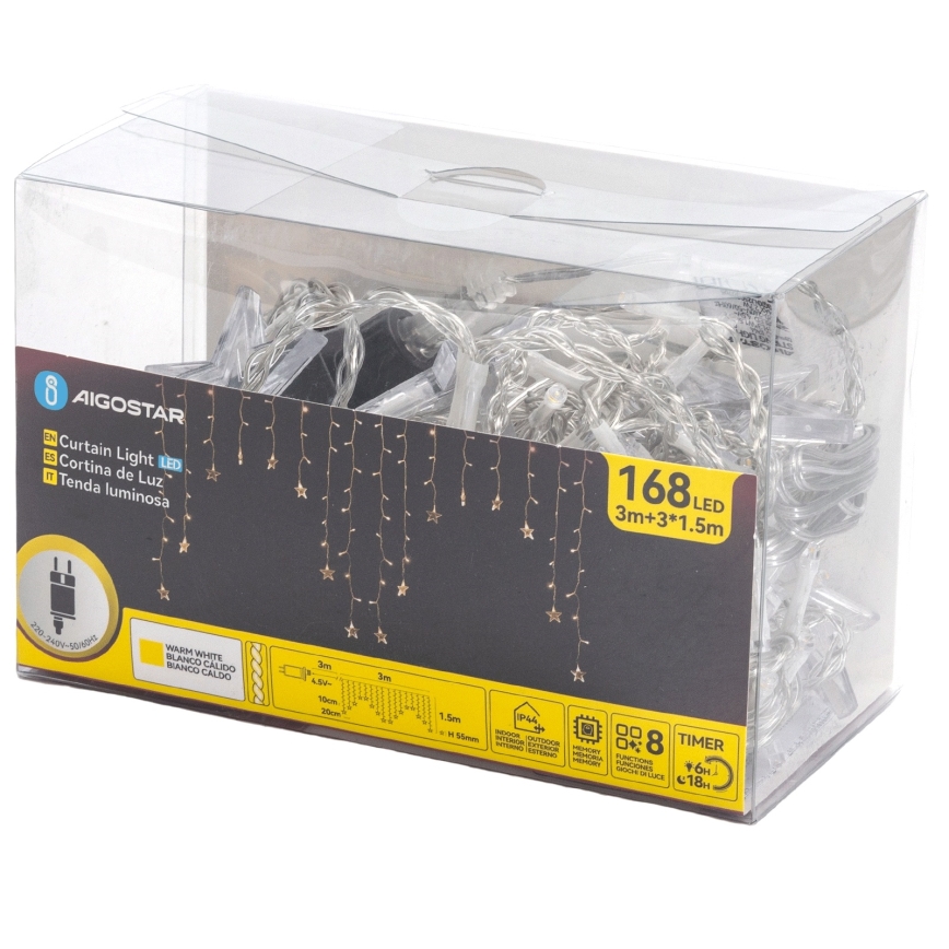 Aigostar - LED utomhus julslinga 168xLED/8 funktioner 3x1,5m IP44 varmvit stjärnor