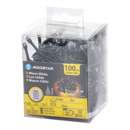 Aigostar - LED-ljusslinga för utomhusbruk 100xLED/8 funktioner 3xAA 5,3 m IP44 varmvit