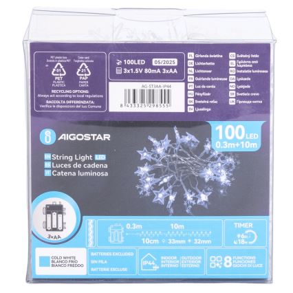 Aigostar - LED utomhusslinga 100 LED / 8 funktioner 3xAA 10 m IP44 kallvit