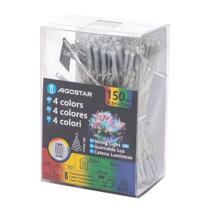 Aigostar - LED utomhusljusslinga 150 LED/8 funktioner 3xAA 15,3m IP44 flerfärgad