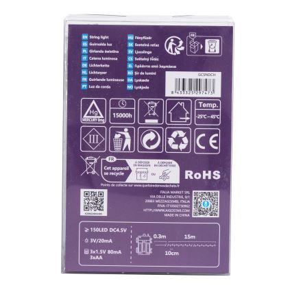 Aigostar - LED utomhusljusslinga 150 LED/8 funktioner 3xAA 15,3m IP44 flerfärgad