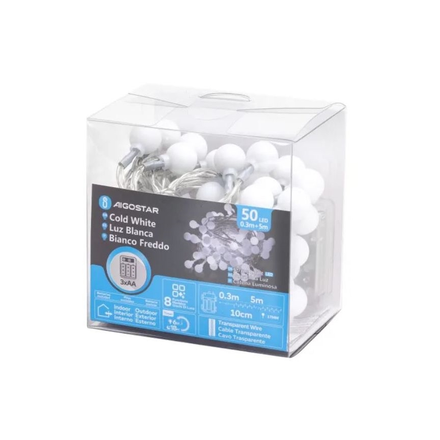 Aigostar - LED utomhusslinga för jul 50xLED/3xAA/8 funktioner 5,3 m IP44 kallvit