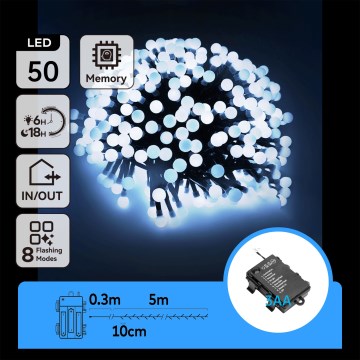 Aigostar -LED utomhusljusslinga 50xLED/8 funktioner 3xAA 5,3m IP44 kallvit